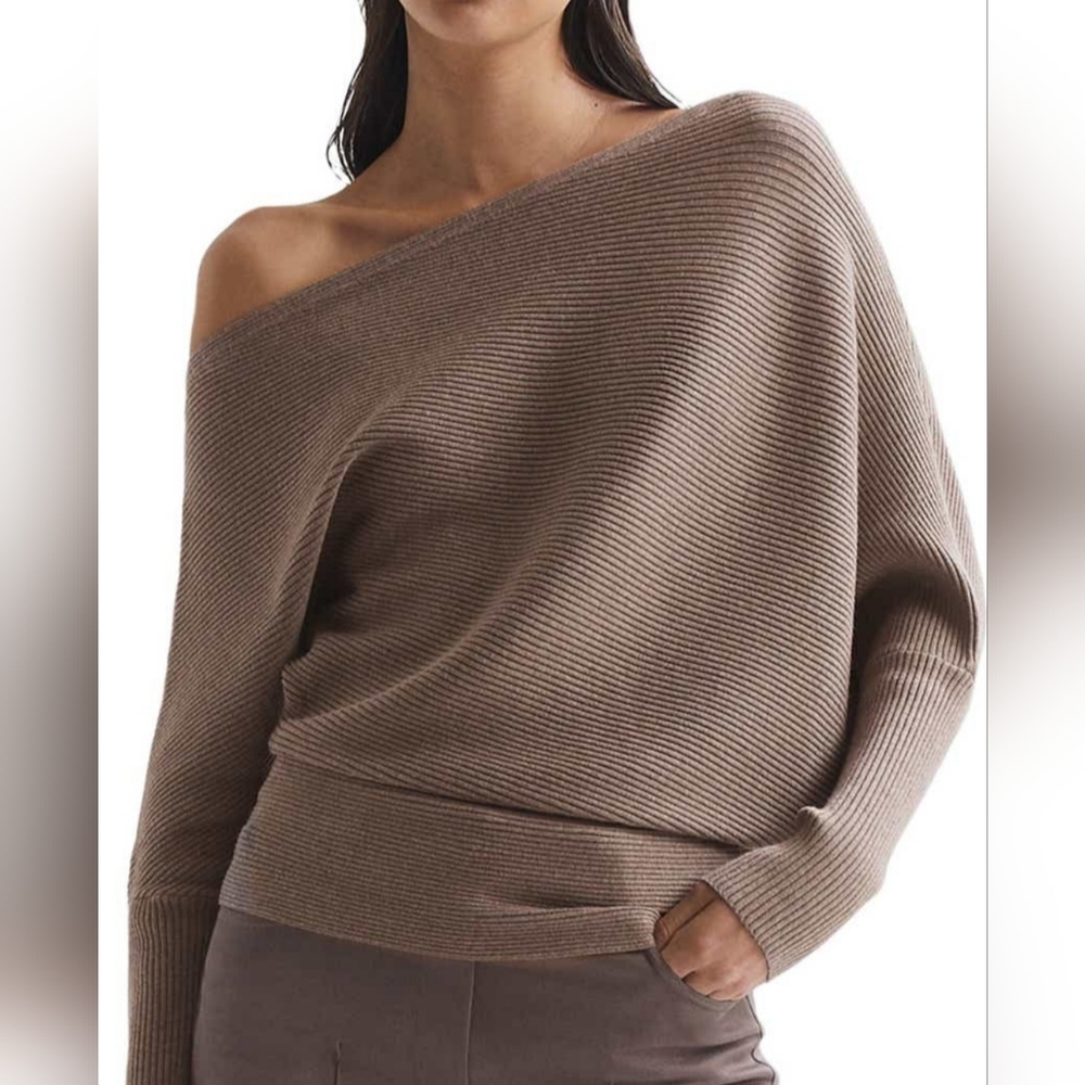 NWT Reiss Lorna Off Shoulder Rib Sweater - Mink